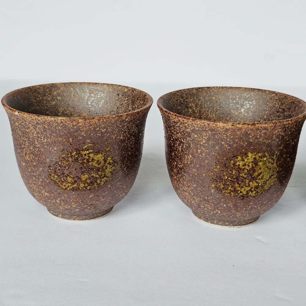 Vtg Japanese Style Tea Cup Set 5 Brown Speckled Pottery Wabi Sabi Rustic Earthy‎